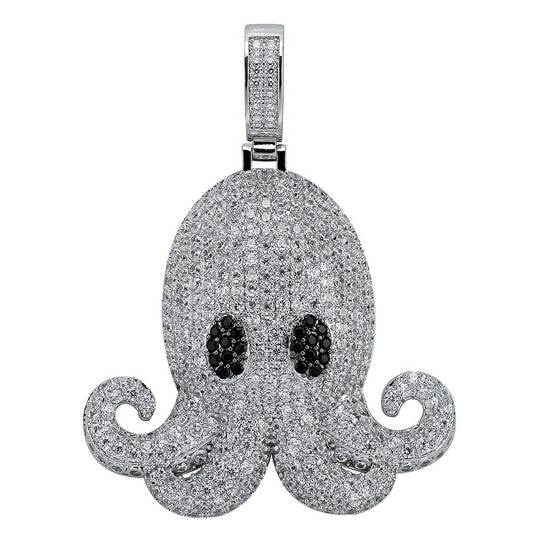 DatNewDrip iced out octopus pendant in silver tone pave crystals with black stone eyes and polished bail