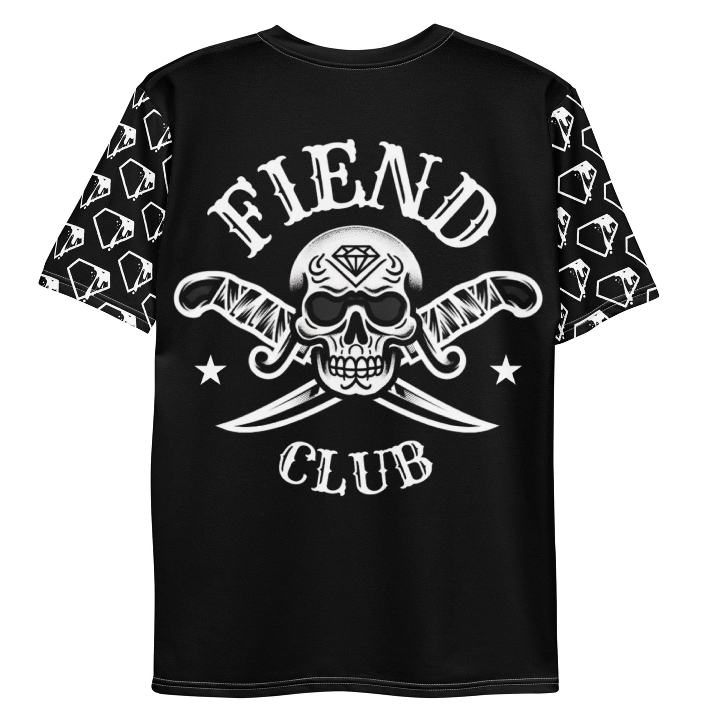 Black Pin Up Girl Graphic Tee featuring Fiend Club skull and crossed knives design with patterned sleeves