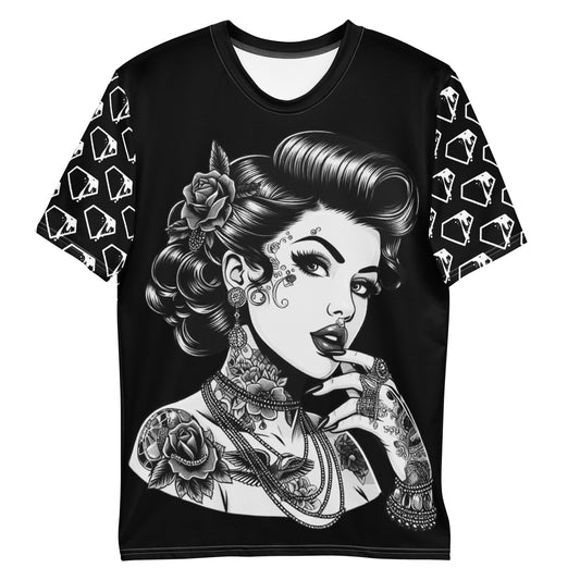 Black Pin Up Girl Graphic Tee with vintage tattoo style design and roses on sleeves