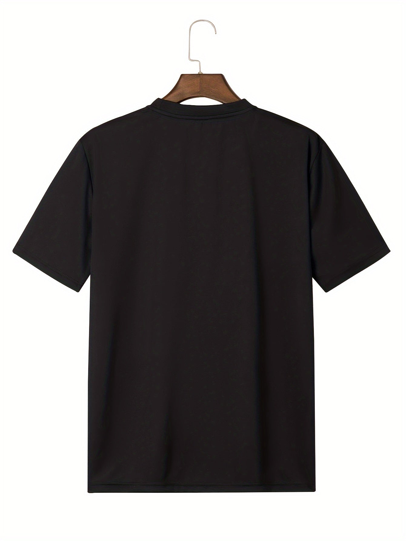 Back view of a black DatNewDrip planet parade t-shirt mens on a hanger, showcasing a simple design