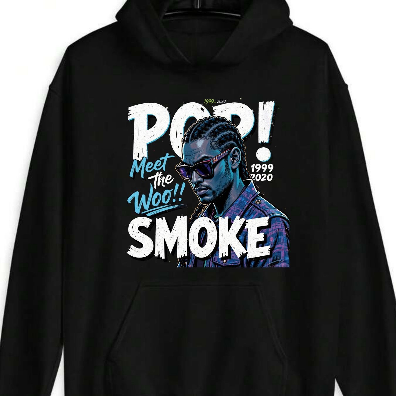 Black hoodie with Pop Smoke tribute shirt graphic featuring colorful artwork and text