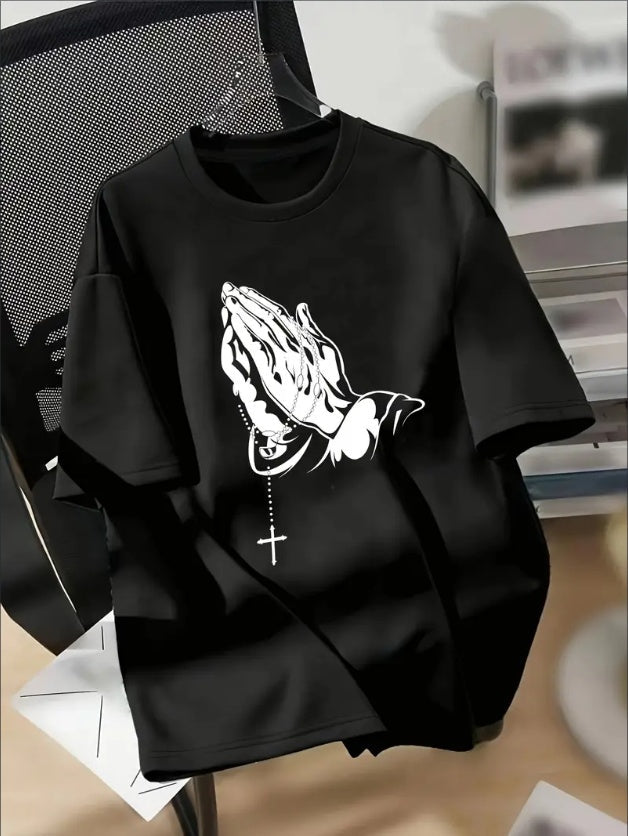 Black praying hands t-shirt mens featuring a striking graphic design of hands in prayer