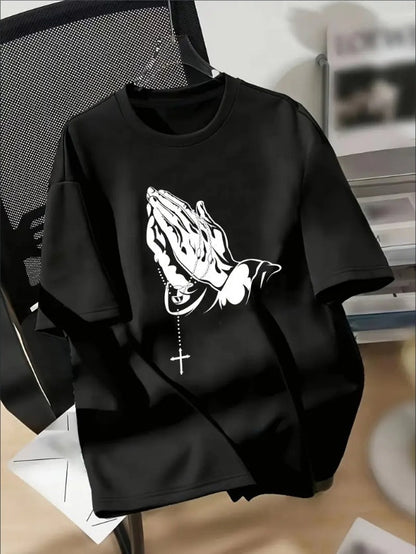 Black praying hands t-shirt mens featuring a striking graphic design of hands in prayer