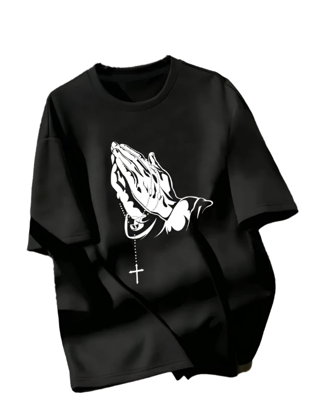 Black Men's Praying Hands T-Shirt with Detailed Graphic Design and Cross Accent