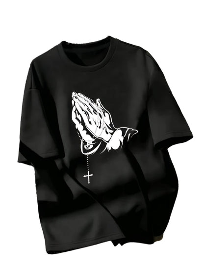 Black Men's Praying Hands T-Shirt with Detailed Graphic Design and Cross Accent
