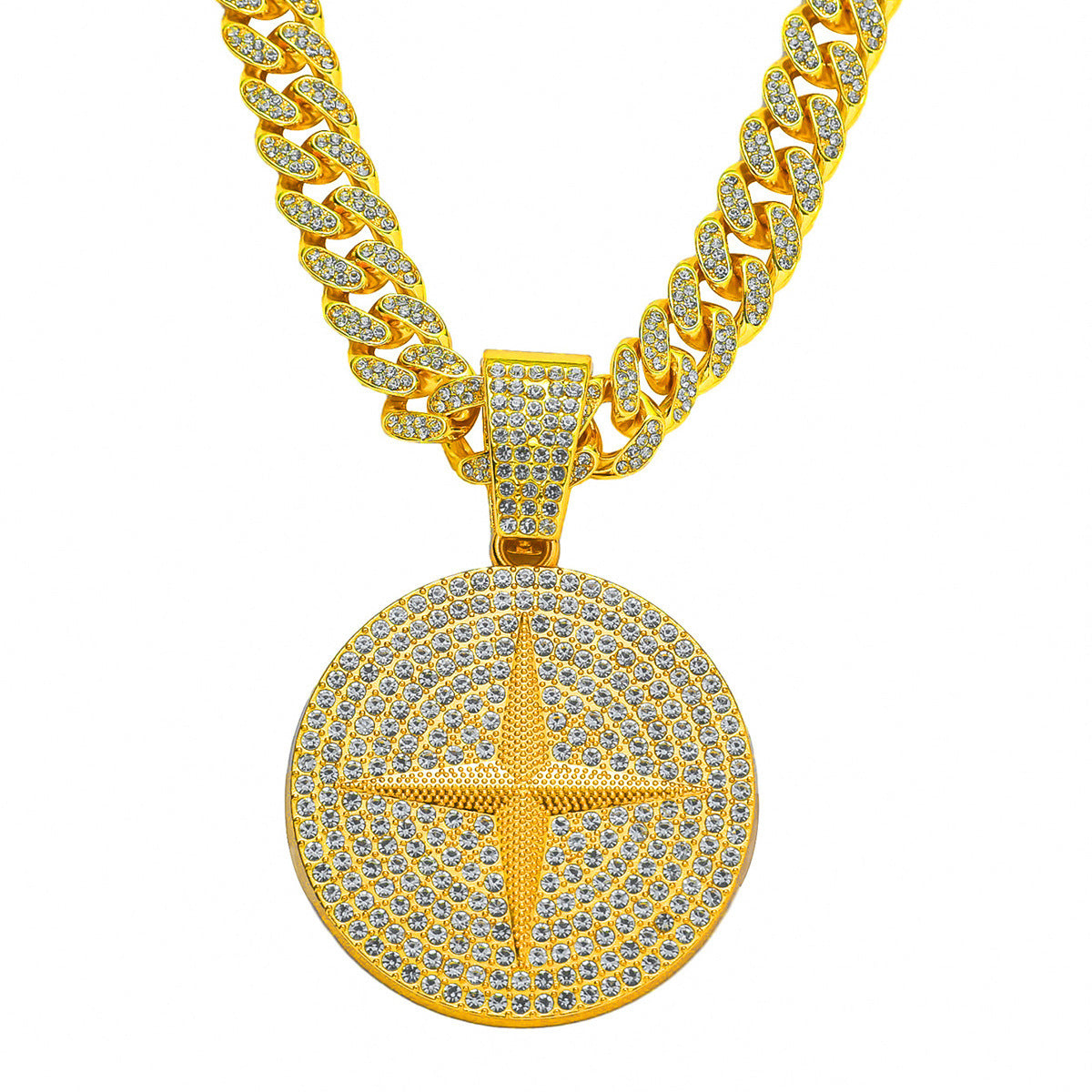 DatNewDrip iced out compass pendant gold plated round pendant with pave stones on Cuban link chain