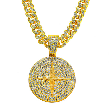 DatNewDrip iced out compass pendant gold plated round pendant with pave stones on Cuban link chain