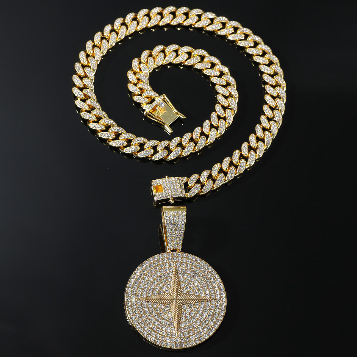 DatNewDrip gold Cuban link chain with iced out compass pendant round diamond encrusted compass star medallion