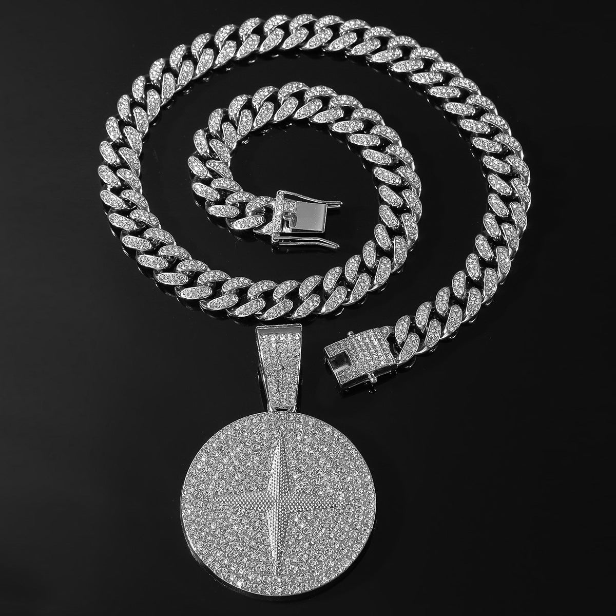 DatNewDrip silver Cuban link chain with iced out compass pendant encrusted with pave cubic zirconia