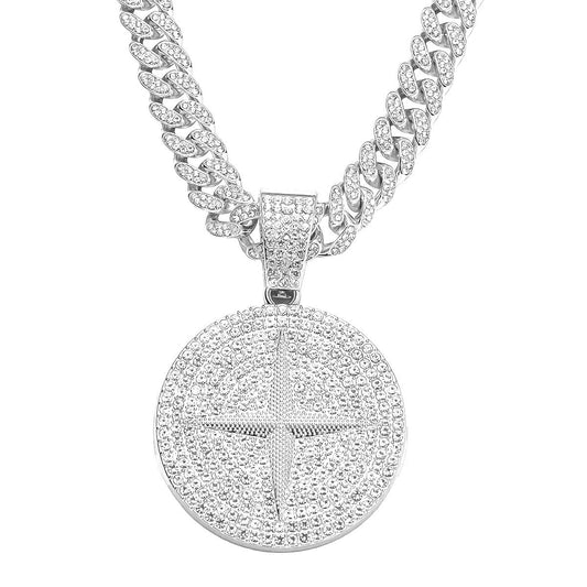 DatNewDrip silver iced out compass pendant round pave crystals on heavy Cuban link chain