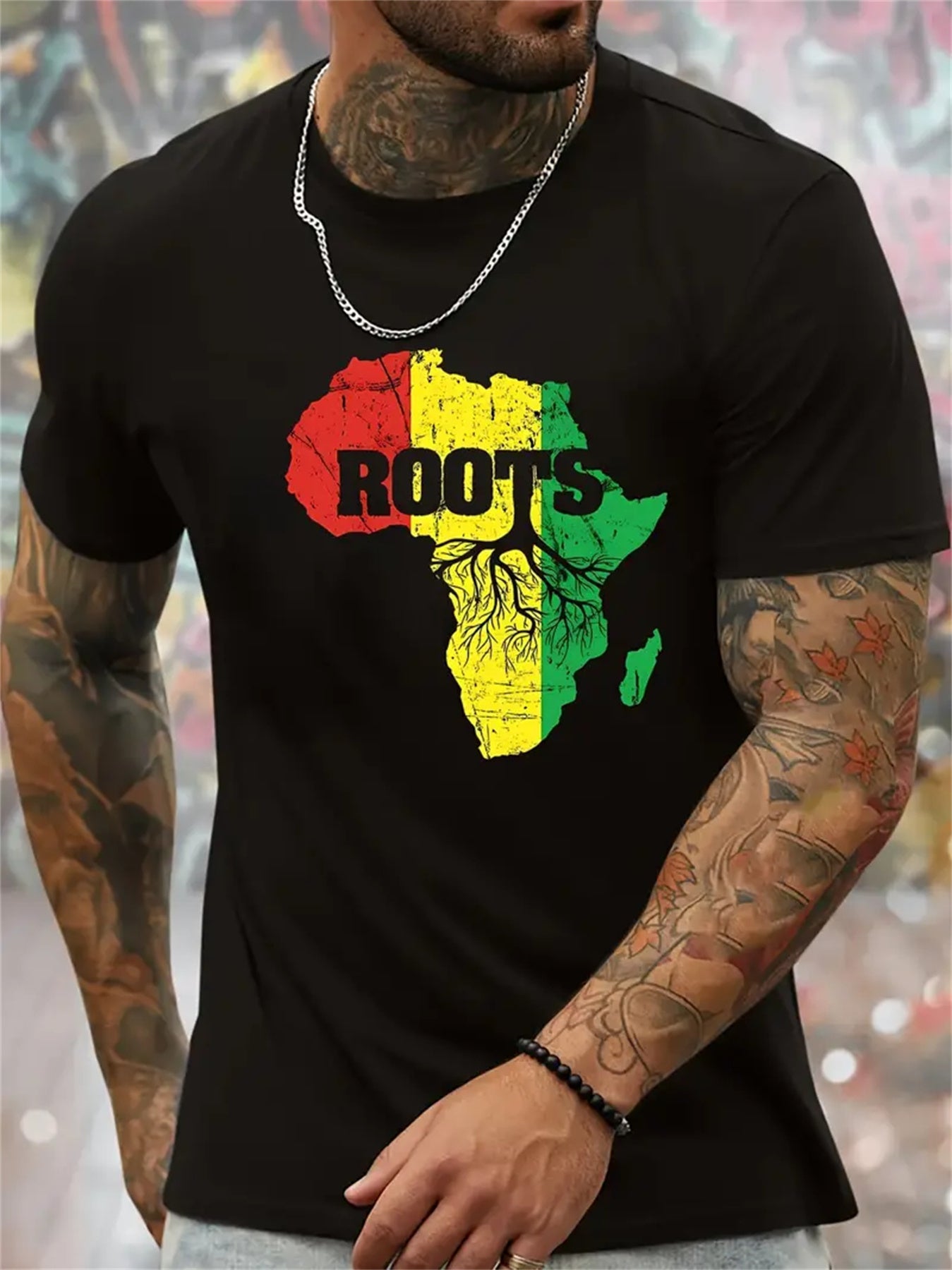 Roots One Love t-shirt featuring a colorful Africa graphic with roots design on a black shirt