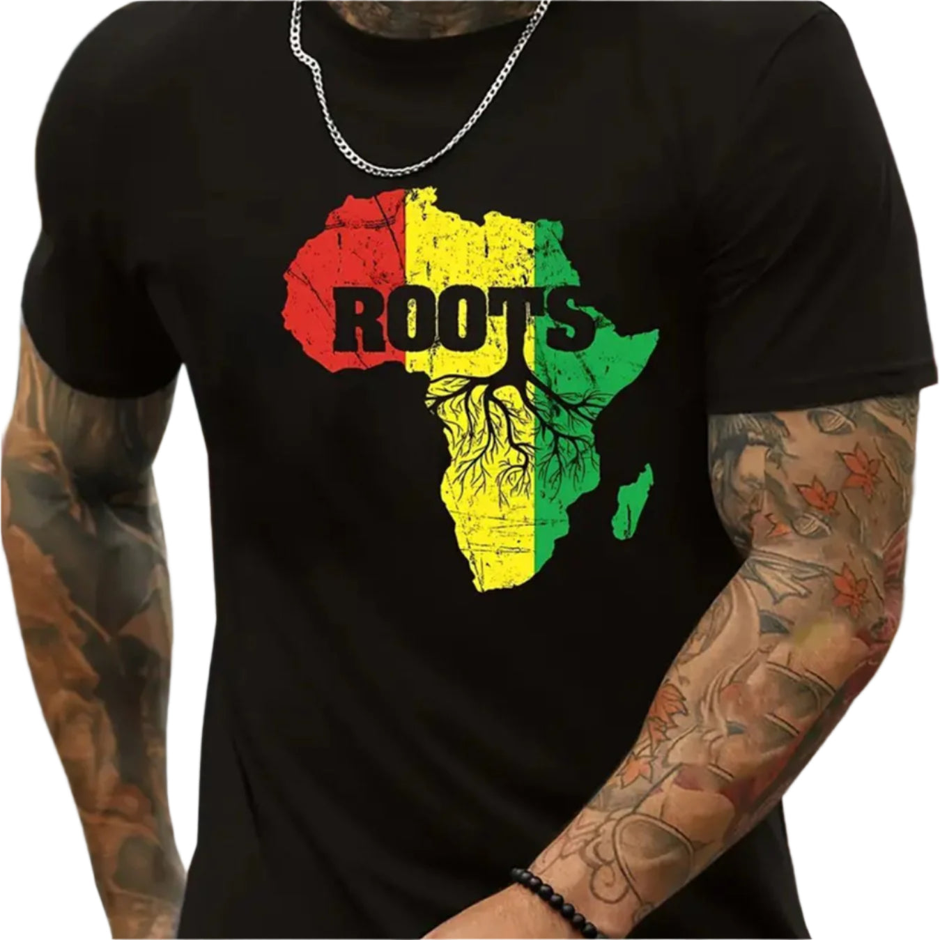 Roots One Love t-shirt featuring a vibrant Africa map design with roots and colorful accents