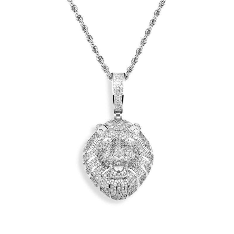 DatNewDrip iced out lion head pendant in silver with pave cubic zirconia detailing on rope chain