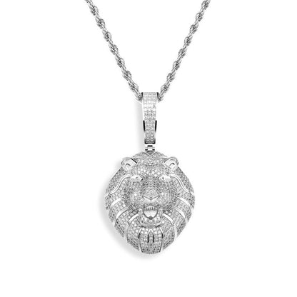 DatNewDrip iced out lion head pendant in silver with pave cubic zirconia detailing on rope chain