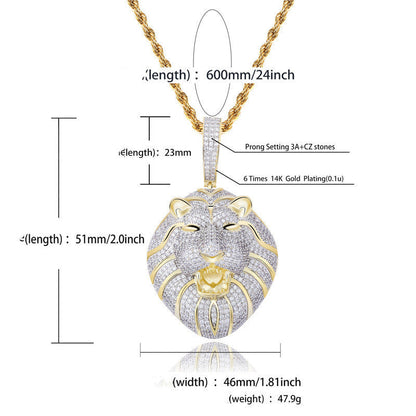 DatNewDrip iced out lion head pendant on 24 inch gold rope chain with pave CZ stones