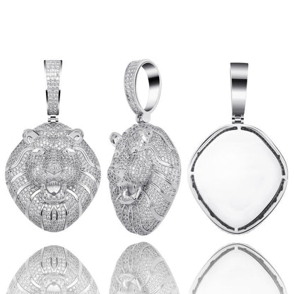 DatNewDrip iced out lion head pendant in silver with pave stones shown front side and back views