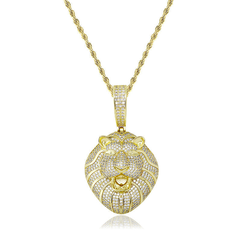 DatNewDrip gold iced out lion head pendant on twisted rope chain with pave crystals luxury