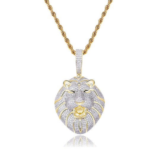 DatNewDrip iced out lion head pendant on gold rope chain two tone pave cubic zirconia