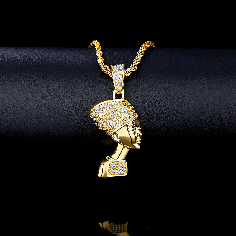 DatNewDrip gold iced out Egyptian goddess pendant with pave crystals and twisted rope chain