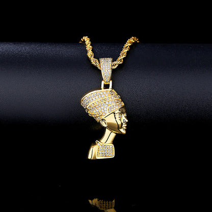 DatNewDrip gold iced out Egyptian goddess pendant with pave crystals and twisted rope chain