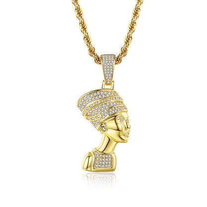 DatNewDrip iced out Egyptian goddess pendant gold plated bust with cubic zirconia stones on rope chain