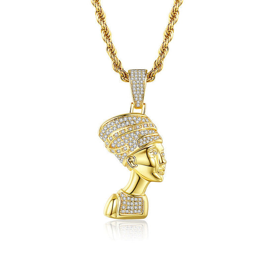 DatNewDrip iced out Egyptian goddess pendant gold plated bust with cubic zirconia stones on rope chain