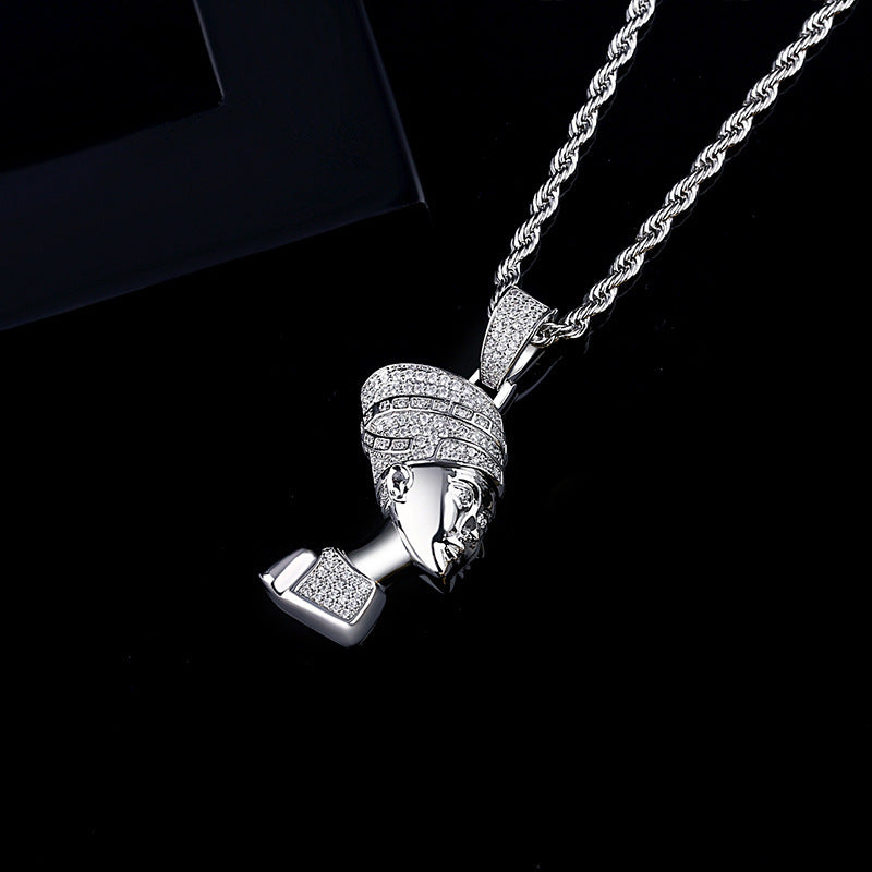 DatNewDrip iced out Egyptian goddess pendant silver Nefertiti head with pave stones on rope chain
