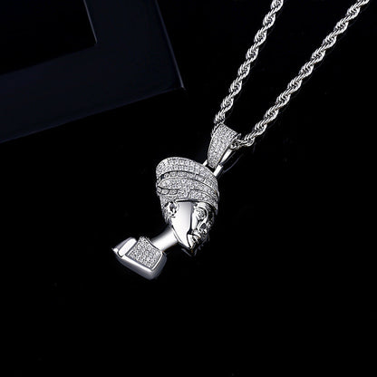 DatNewDrip iced out Egyptian goddess pendant silver Nefertiti head with pave stones on rope chain