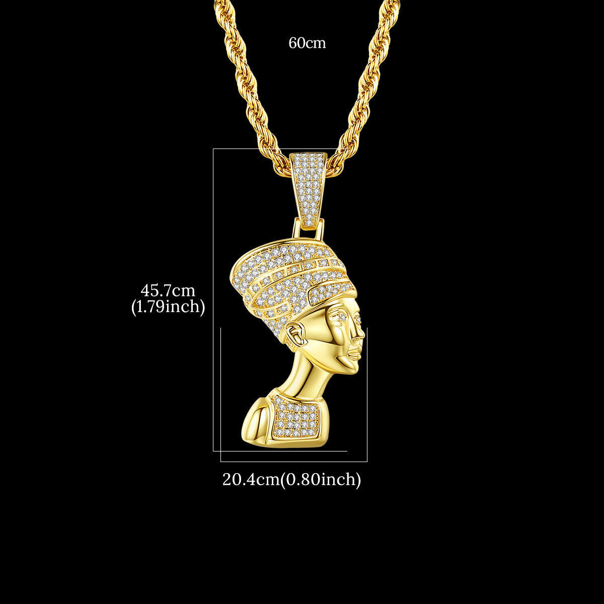 DatNewDrip iced out Egyptian goddess pendant gold plated with pave crystals on 60cm rope chain