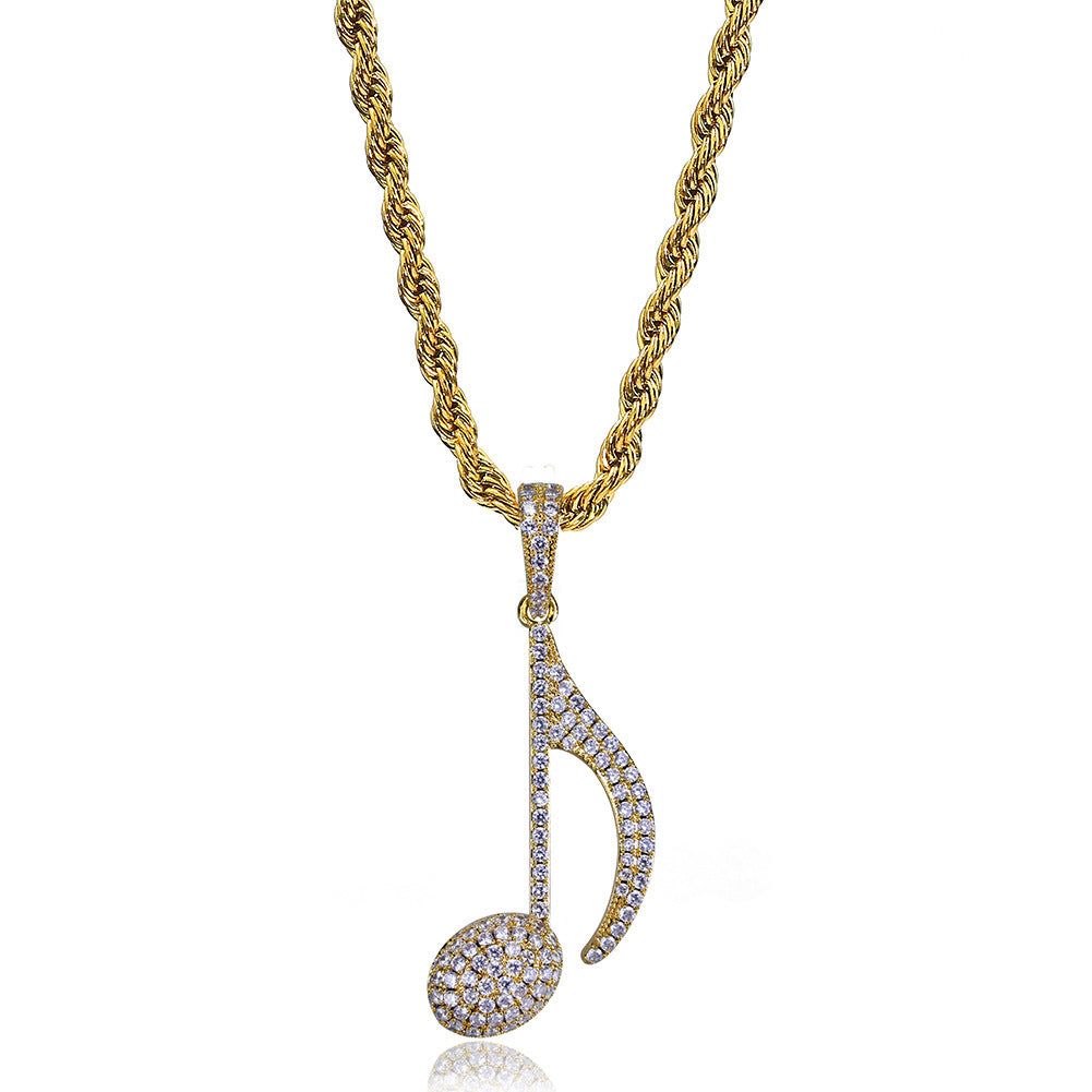 DatNewDrip gold iced out music note pendant with clear stones on rope chain luxury hip hop jewelry