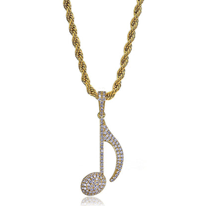 DatNewDrip gold iced out music note pendant with clear stones on rope chain luxury hip hop jewelry