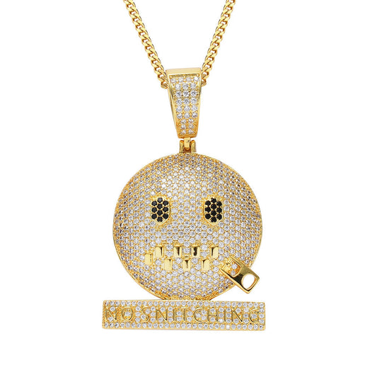 DatNewDrip iced out no rats pendant gold round emoji face with black stone eyes zipper mouth and pave diamonds
