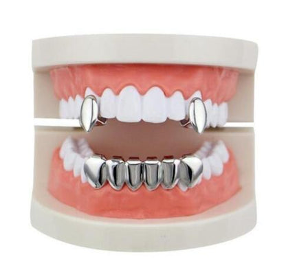 DatNewDrip silver vampire grillz for teeth set showing upper fang caps and lower full tooth grill