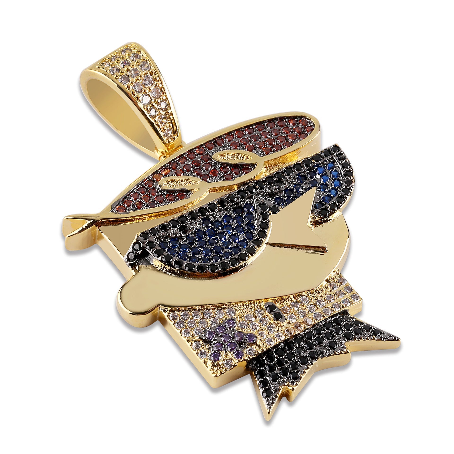 DatNewDrip gold plated Dexters Laboratory iced out pendant with multicolor cubic zirconia stones hip hop style