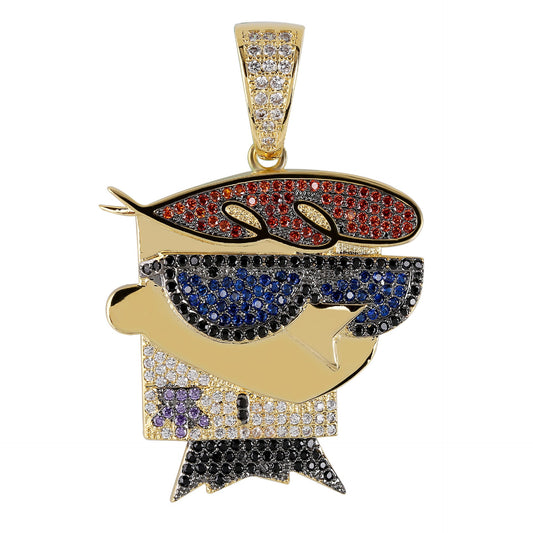 DatNewDrip gold plated Dexters Laboratory iced out pendant with red blue and black crystals for hip hop style