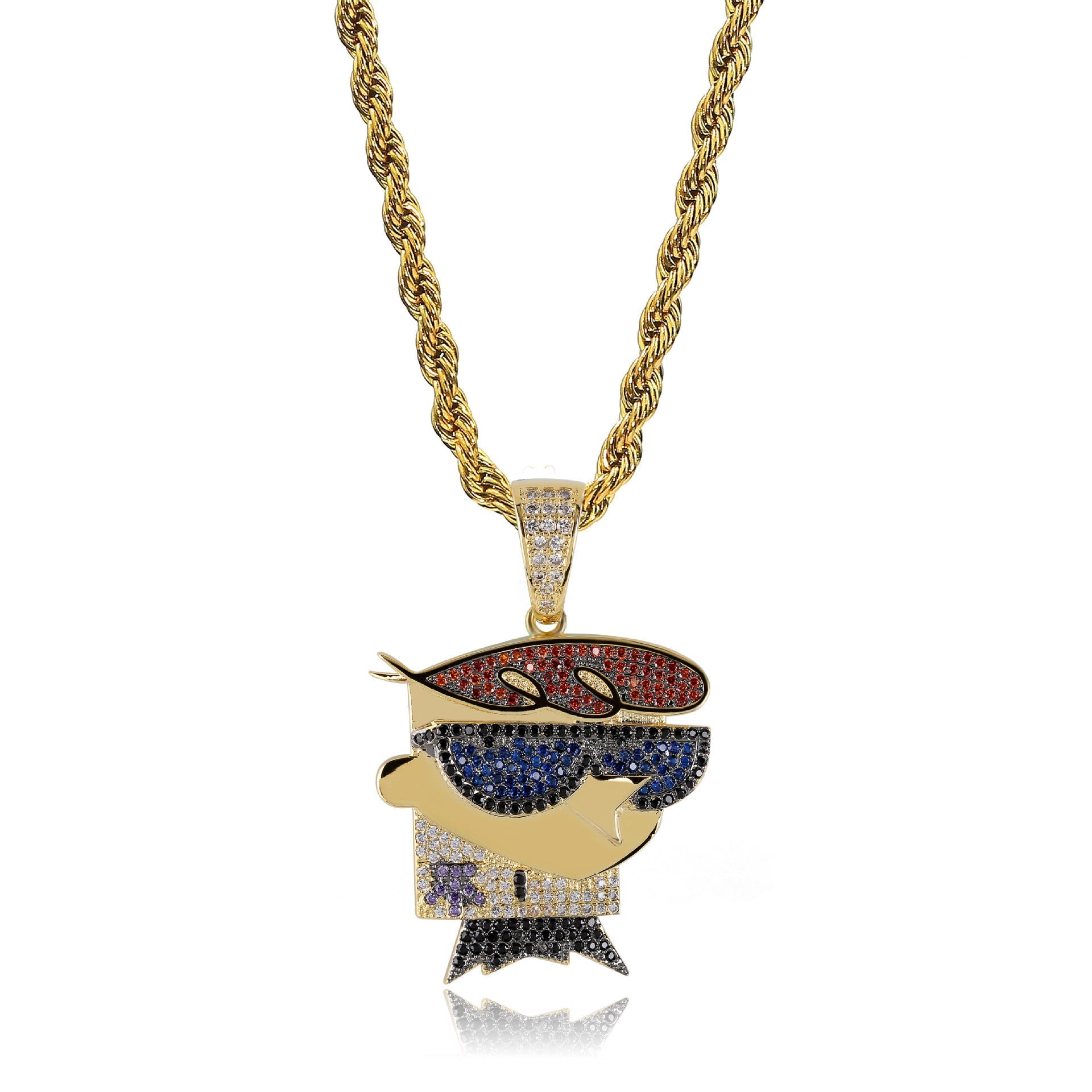 DatNewDrip gold rope chain necklace with Dexters Laboratory iced out pendant encrusted with red blue and black stones