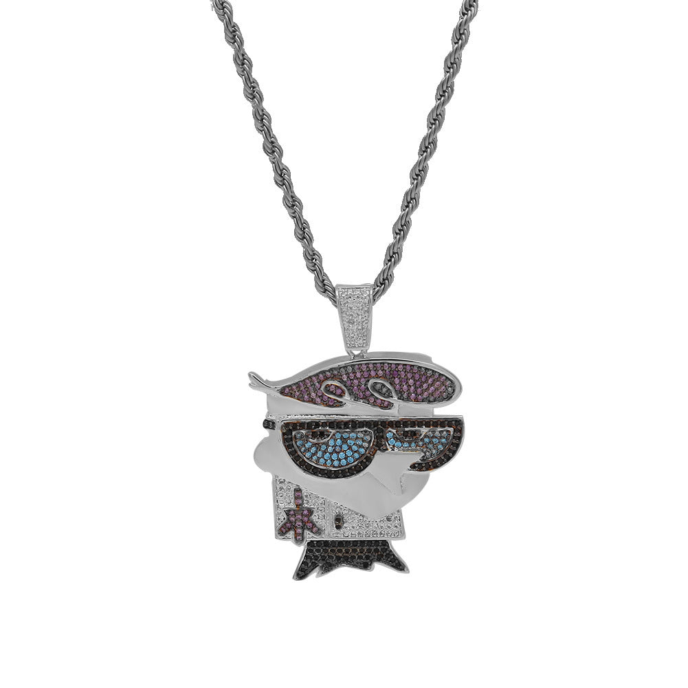 DatNewDrip Dexters Laboratory iced out pendant silver cartoon face with multicolor stones on rope chain