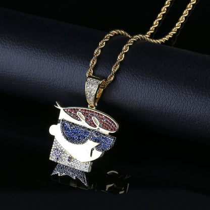 DatNewDrip gold Dexters Laboratory iced out pendant with red blue and clear cubic zirconia stones on rope chain