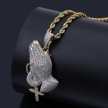 DatNewDrip iced out praying hands pendant on gold rope chain with micro pave stones religious jewelry