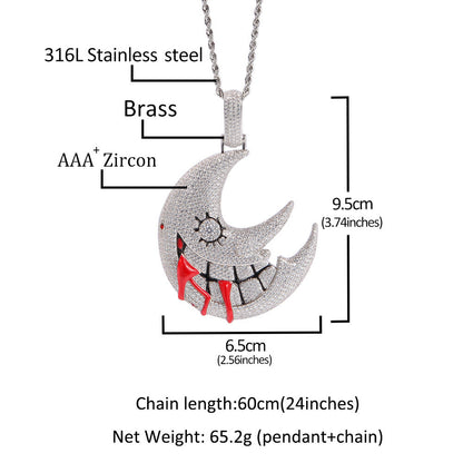 DatNewDrip iced out trippie red moon pendant silver zircon crescent with red drip and 24 inch chain