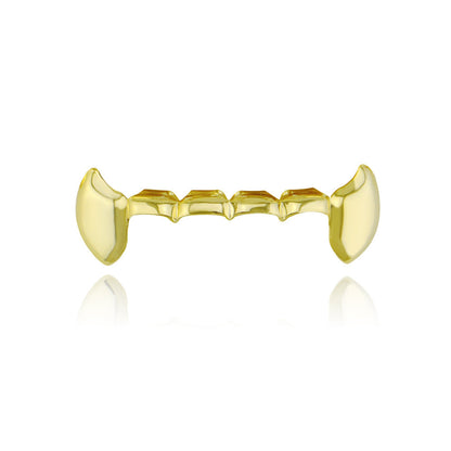 DatNewDrip gold fang grillz for teeth top four tooth dental cover with pronounced canine fangs and polished finish