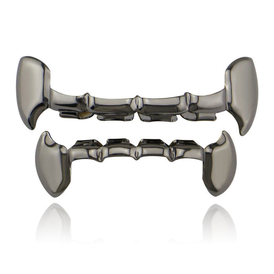 DatNewDrip gunmetal two piece fang grillz for teeth set with upper and lower vampire style fangs