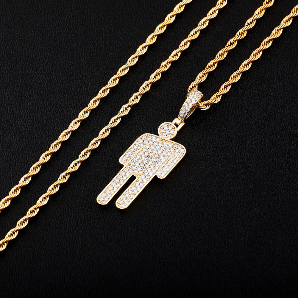 DatNewDrip gold rope chain with iced out Billie pendant covered in pave crystals for hip hop style