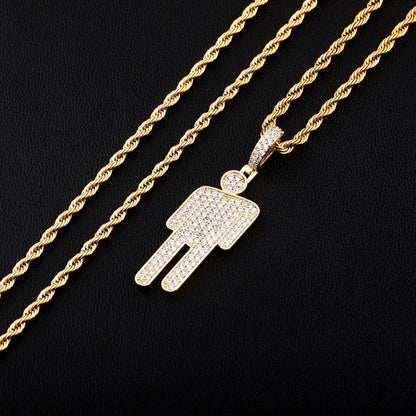 DatNewDrip gold rope chain with iced out Billie pendant covered in pave crystals for hip hop style