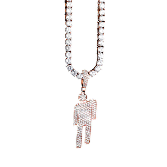 DatNewDrip iced out Billie pendant rose gold human silhouette with pave stones on tennis chain
