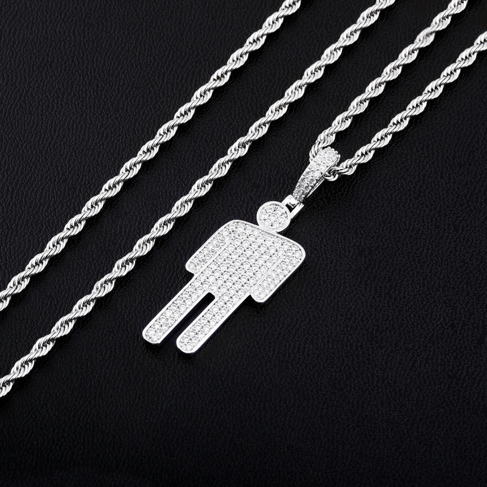 DatNewDrip iced out Billie pendant on silver rope chain with pave CZ stones sparkling