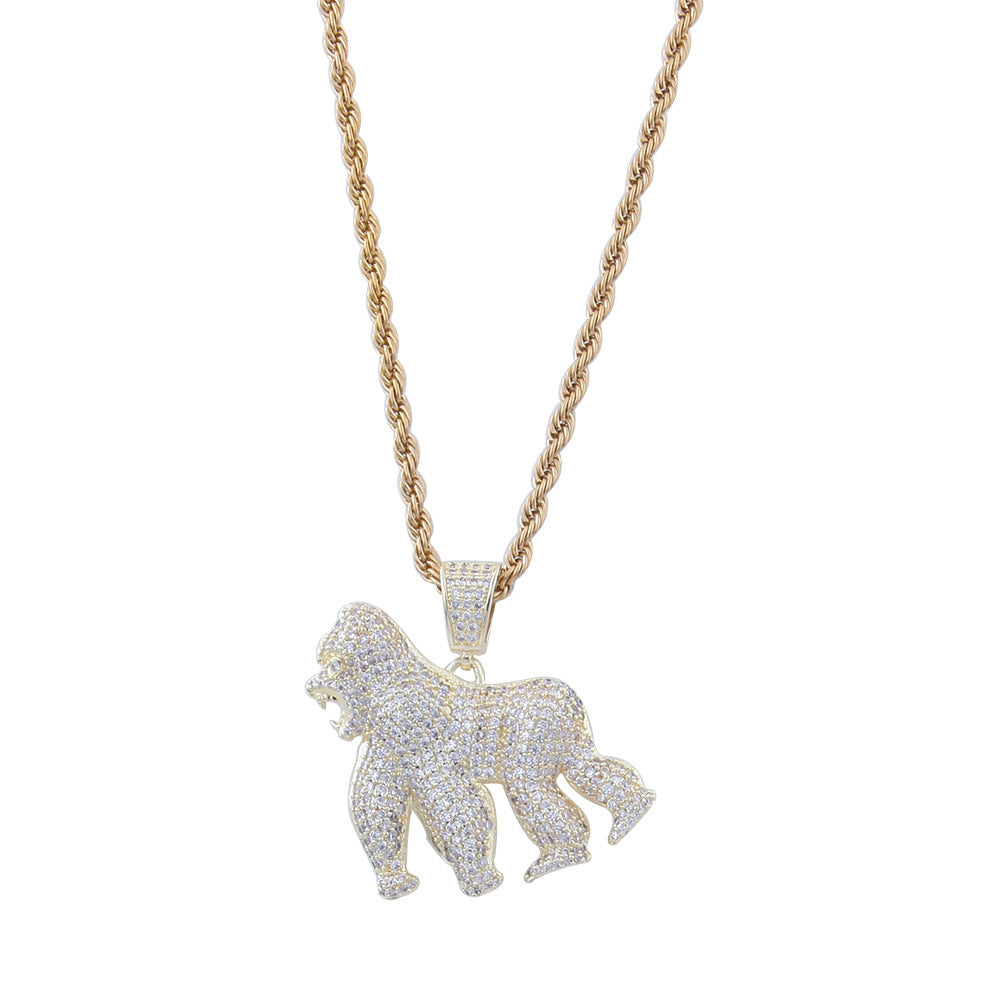DatNewDrip gold rope chain necklace with iced out gorilla pendant covered in clear cubic zirconia stones
