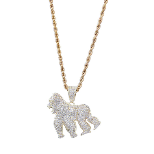 DatNewDrip gold rope chain necklace with iced out gorilla pendant covered in clear cubic zirconia stones