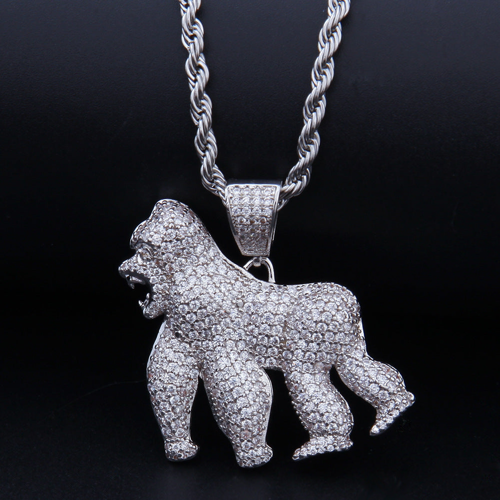 DatNewDrip iced out gorilla pendant silver tone pave crystals fully covered gorilla on rope chain hip hop jewelry