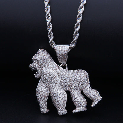 DatNewDrip iced out gorilla pendant silver tone pave crystals fully covered gorilla on rope chain hip hop jewelry